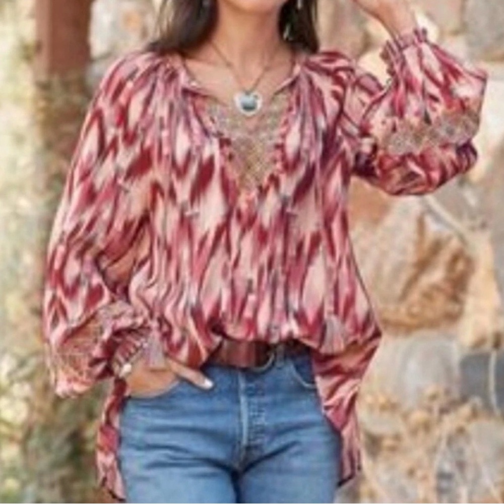 Sundance Distant Travels Top Tassel Tie Embroidered Neckline Geometric Boho